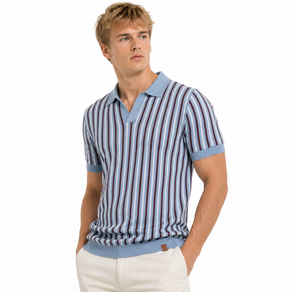 Strikket Polo for Herre med Striper – Kortermet V-hals Business Casual
