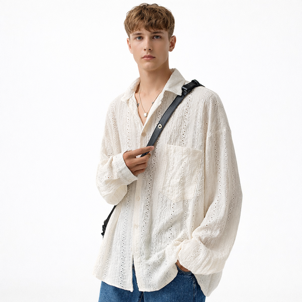 Mesh Skjorte til Herre – Gjennomsiktig Design med Krage &amp; Trendy Look – Aprikos