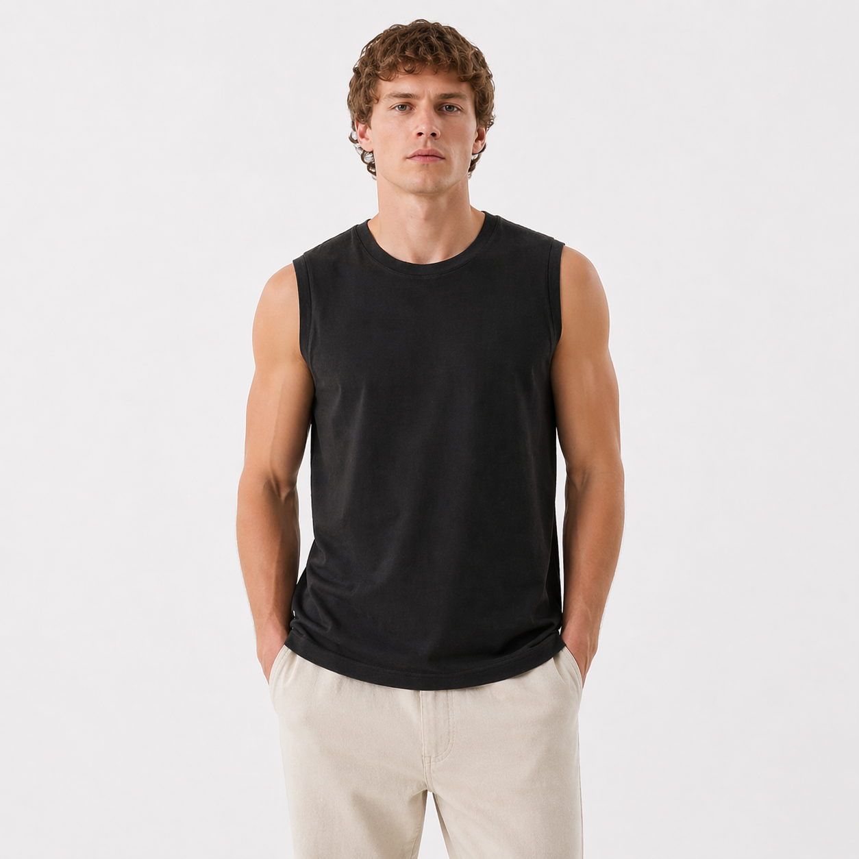 Ermeløs Topp til Herre – Faux Suede Singlet i Løs Vintage Stil