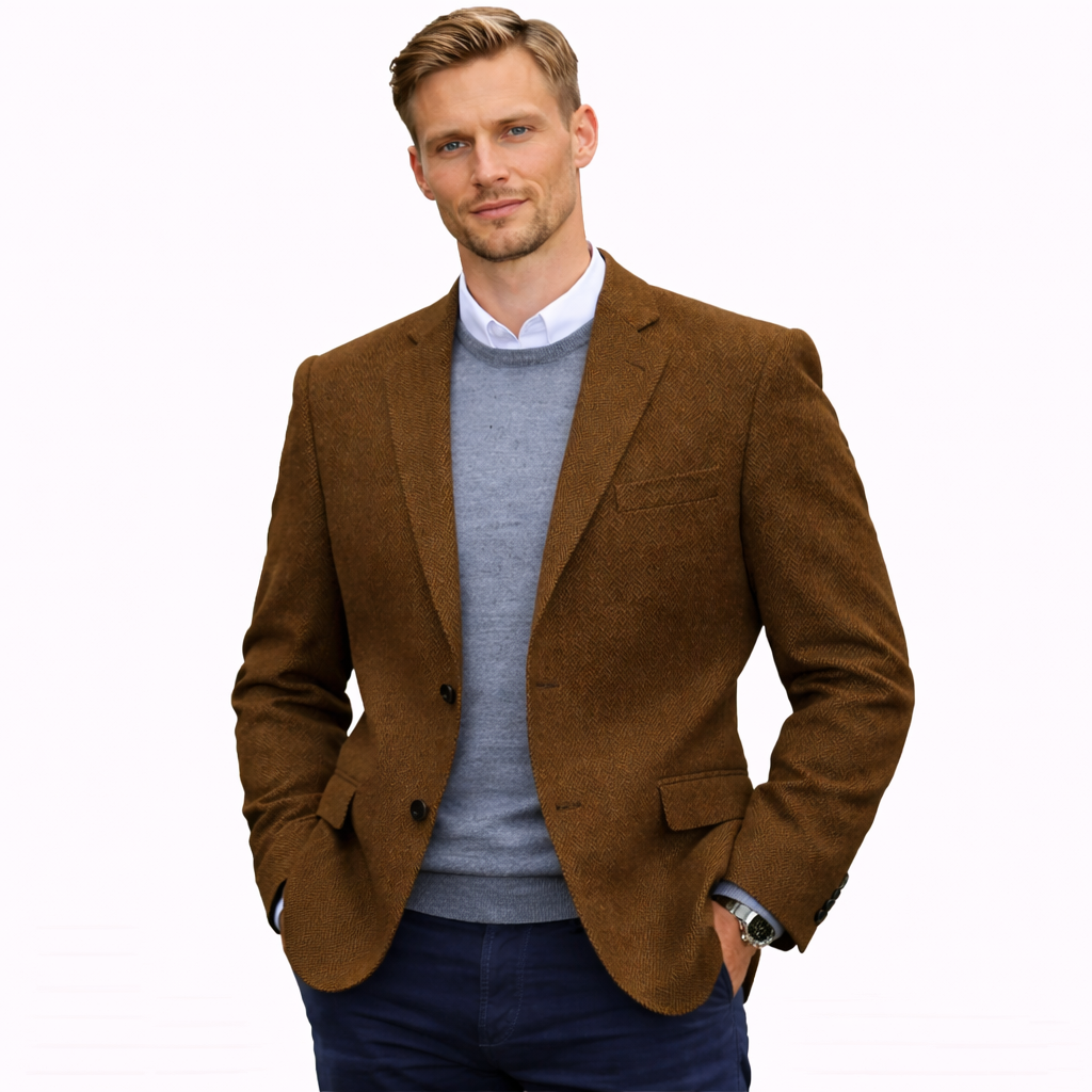 Herreblazer i Fiskebensmønster – Lett Slim Fit Dressjakke | Elegant Enkeltstående Blazer til Bryllup, Fest og Business
