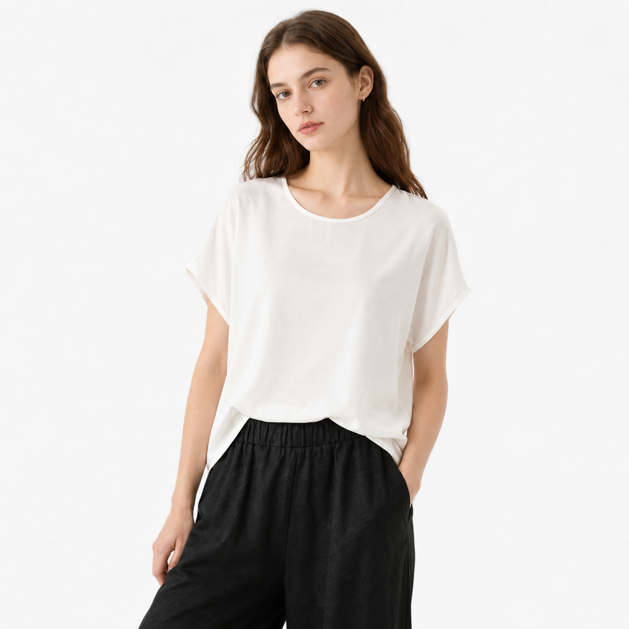 Plus Size Silketopp til Dame – Løs T-skjorte i Mulberry Silk Crepe De Chine