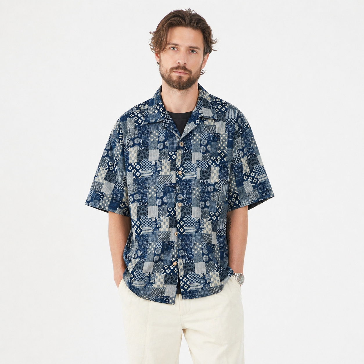 Bomullsskjorte til Herre – Boro Patchwork &amp; Lett Sommer Overshirt – Størrelse