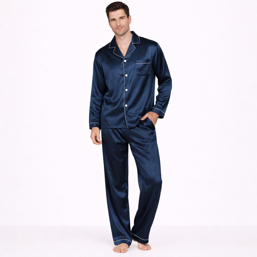 Eksklusivt Silke Pysjsett for Menn – 100 % Ren Morbærsilke 19 Momme | Luksuriøst Loungewear med Langermet Skjorte og Bukse