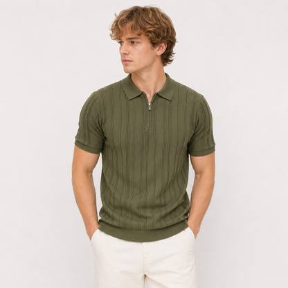 Strikket Polo med Glidelås til Herre – Vintage Jacquard Sommertopp – Grønn