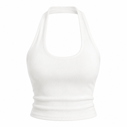 Hvit Halter Crop Top til Dame – Ribbestrikket Backless Sommertopp