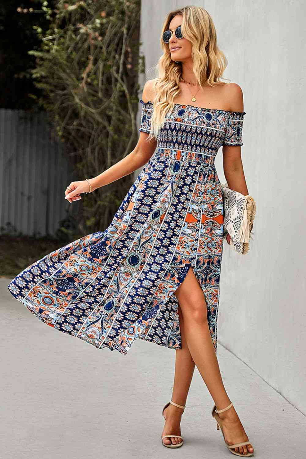 Bohemsk Off-Shoulder Frill Trim Split Kjole