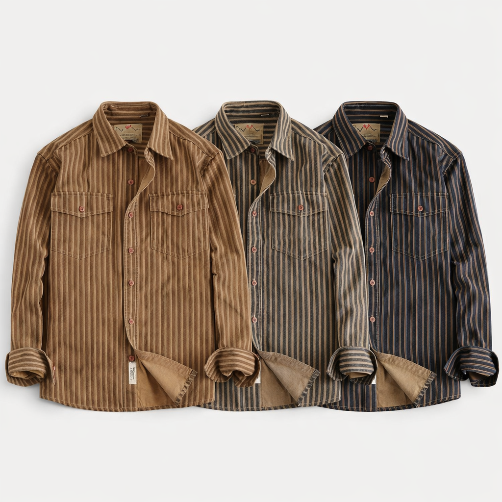 Retro Stripet Skjorte for Menn – Amerikansk Vasket Look med Lommer | Casual Langermet Skjorte for Høst og Vinter 2025 (Copy)