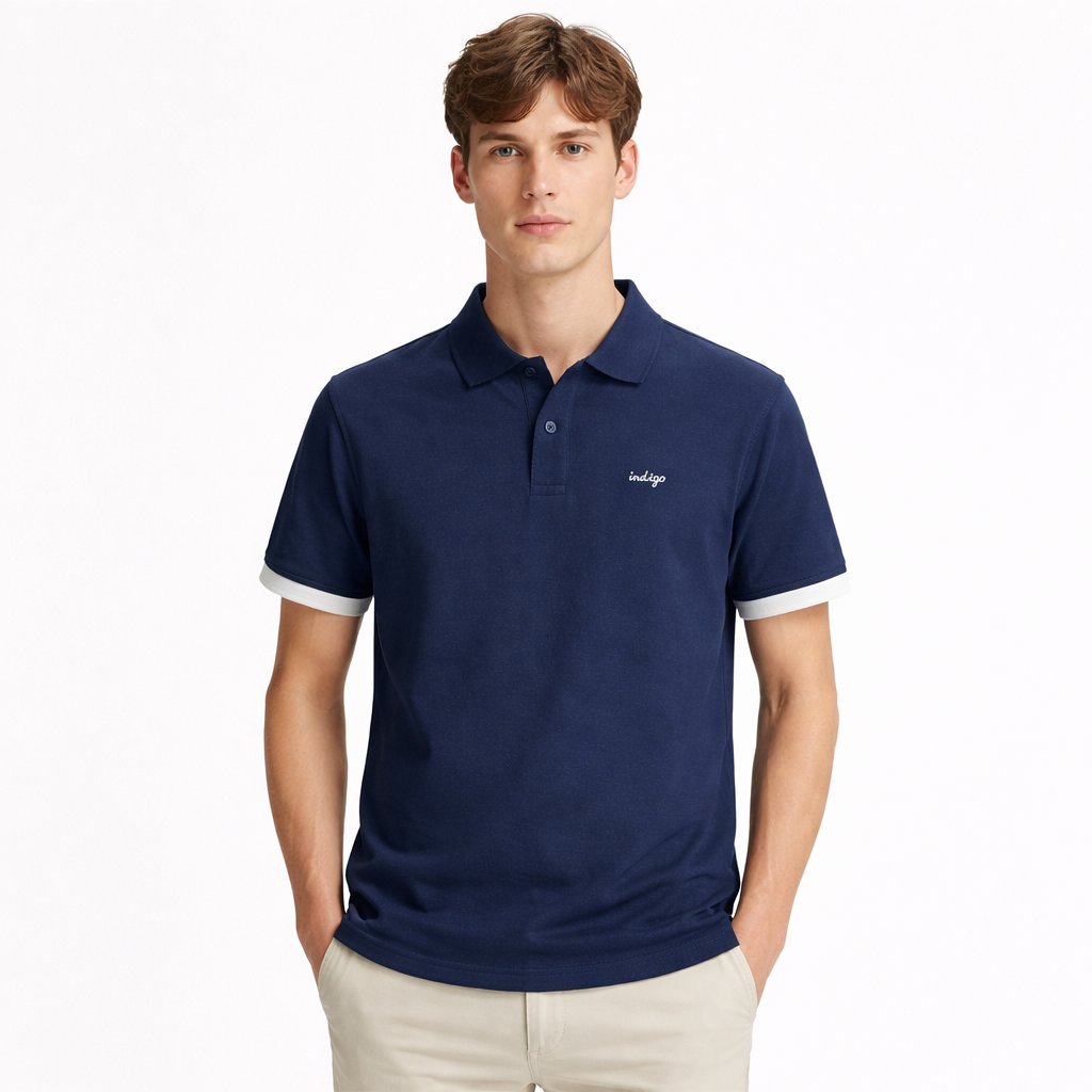 Indigo Polo T-skjorte til Herre – 100% Bomull i Japansk Vintage Stil – Blå