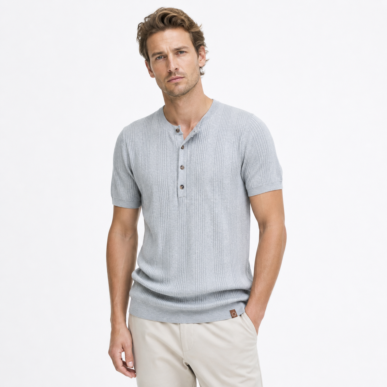 Henley T-skjorte til Herre – Myk og Pustende Sommerstil med Knappedetaljer – PSD8068-Grå