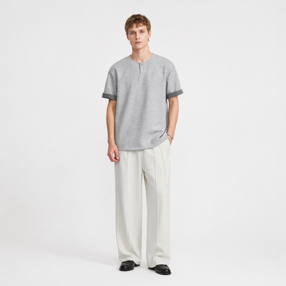 Kraftig Henley T-skjorte til Herre – 260g med Rutete Detaljer &amp; Løs Passform – Grå
