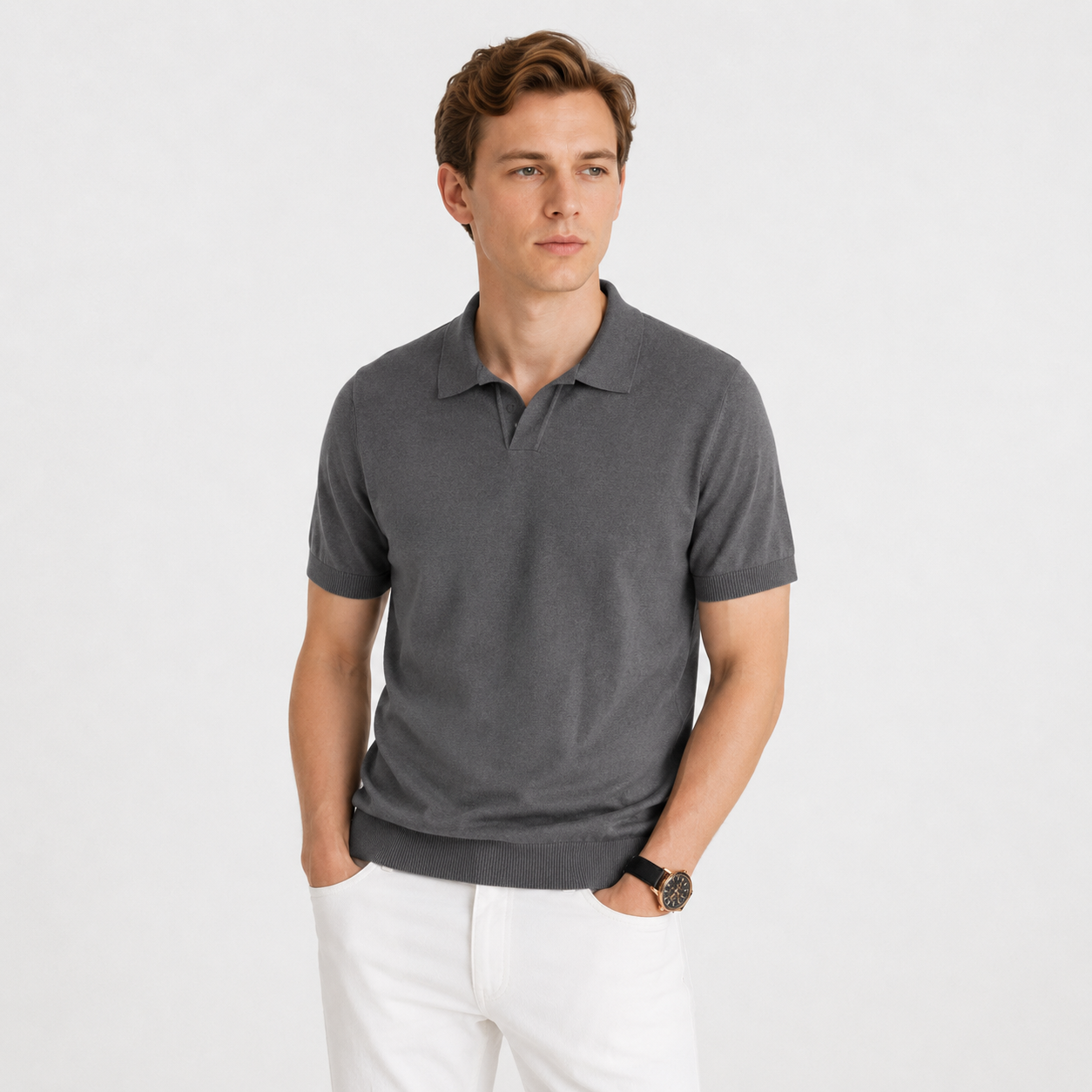 Strikket Poloskjorte til Herre – Slim Fit med Elegant Italiensk-Inspirert Stil – Mørk grå