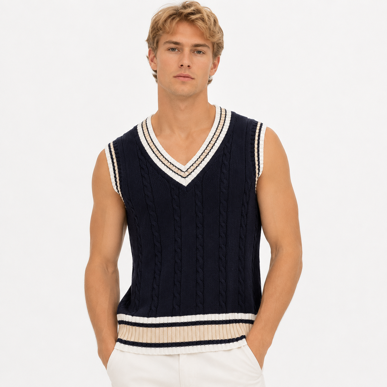 Strikket Vest til Herre – V-hals Genservest i Retro Preppy-stil
