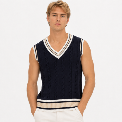 Strikket Vest til Herre – V-hals Genservest i Retro Preppy-stil