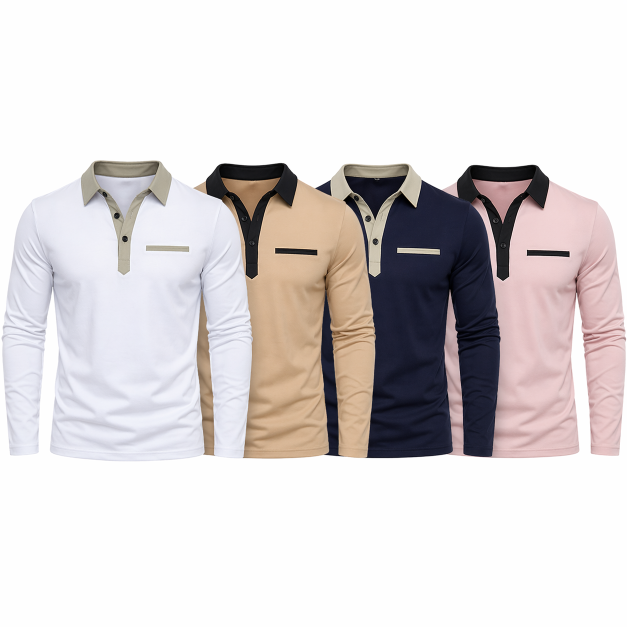 Langermet Polo for Menn – Klassisk Business-Casual Skjorte med Krage (Vår &amp; Høst) Pakke – Hvit-B9 + Khaki-B9 + Mørkeblå-B9 + Rosa-B9