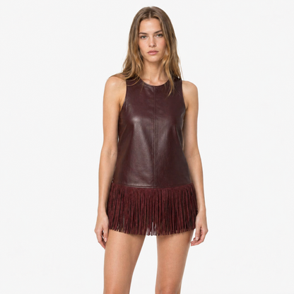 Halter Topp i Faux Skinn – Fringe &amp; Backless Design