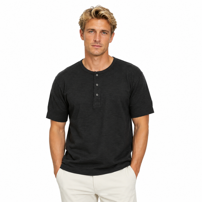 Loopwheel Henley T-skjorte til Herre – 300g Slub Bomull Vintage Stil – Mørk Grå