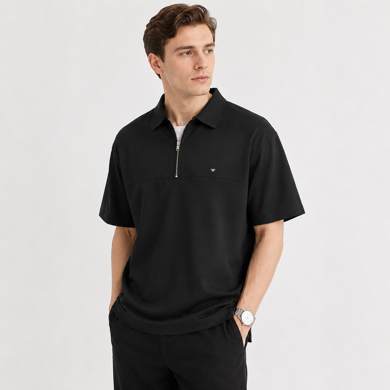 Pologenser til Herre med Halv Glidelås – Avslappet Vintage T-skjorte for Sommer – Svart