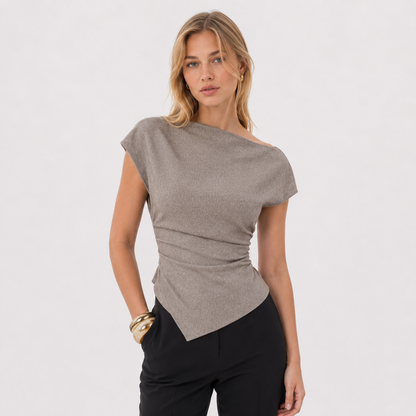 Elegant Topp til Dame | Asymmetrisk Crop Top med Drapert Midje og Båthals – Khaki