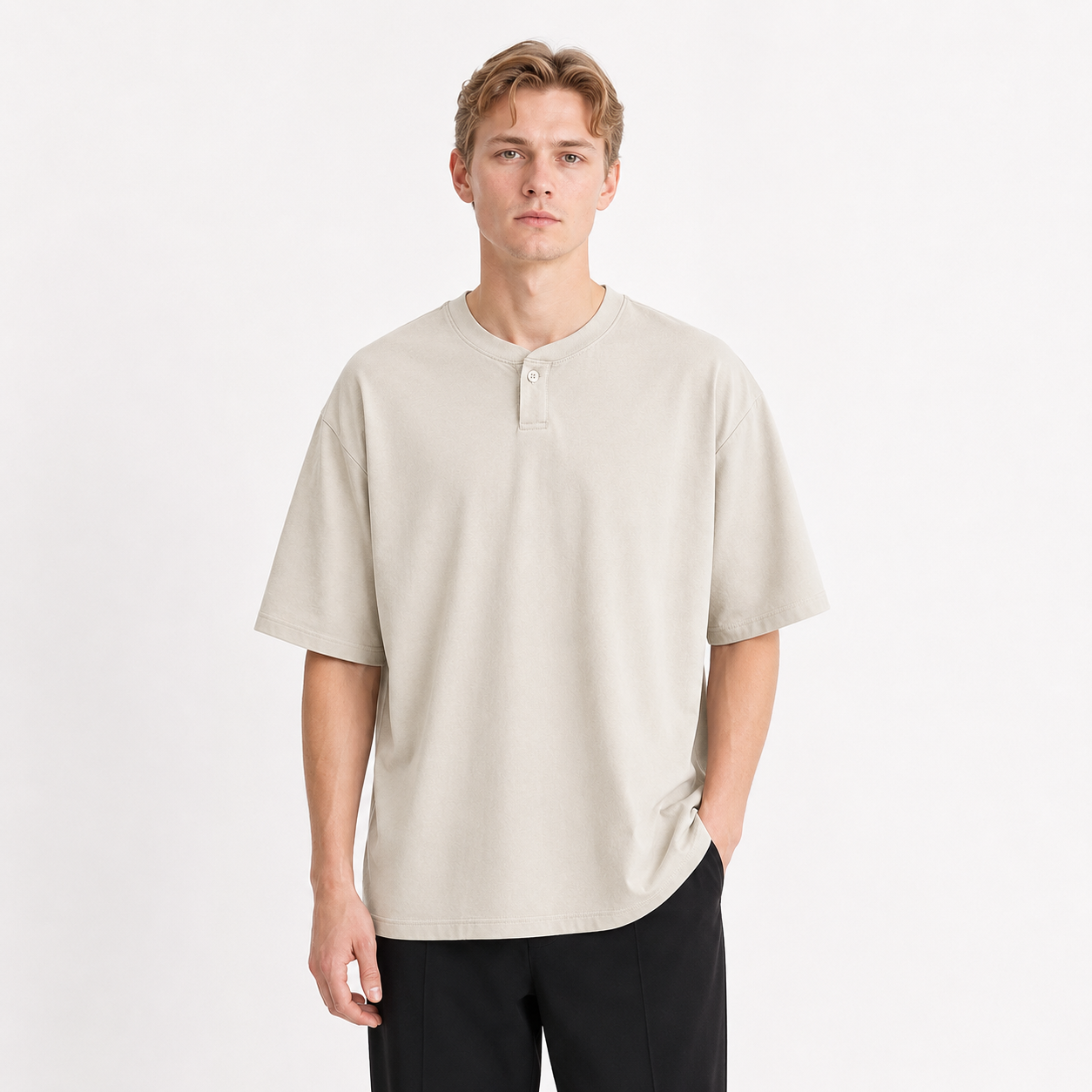Henley T-skjorte til Herre – Kortermet Bomulls T-skjorte med Knapper