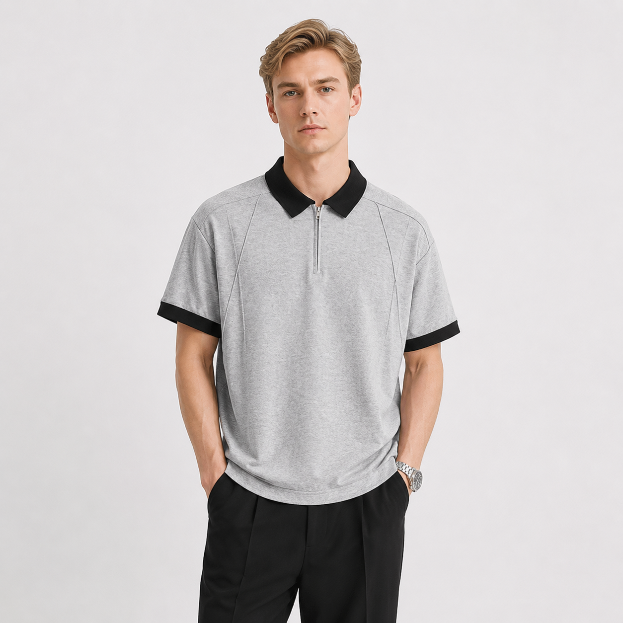 Half-Zip Polo til Herre – Kortermet Pikéskjorte med Kontrastkrage – GRÅ