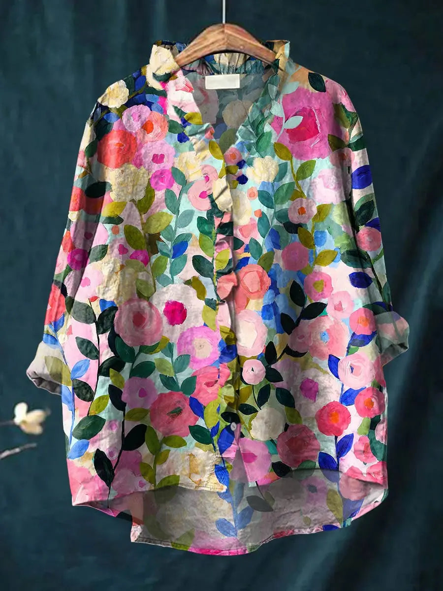 Mirelle | Blomstret linbluse med volang – S