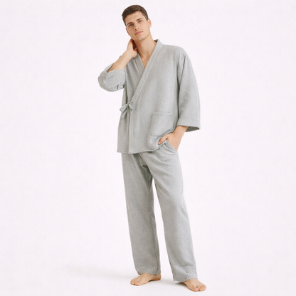 Japansk Pysjsett for Menn – 100 % Bomull i Tykt Luftlagstoff | Varmt Kimono-inspirert To-delt Nattøy til Høst og Vinter