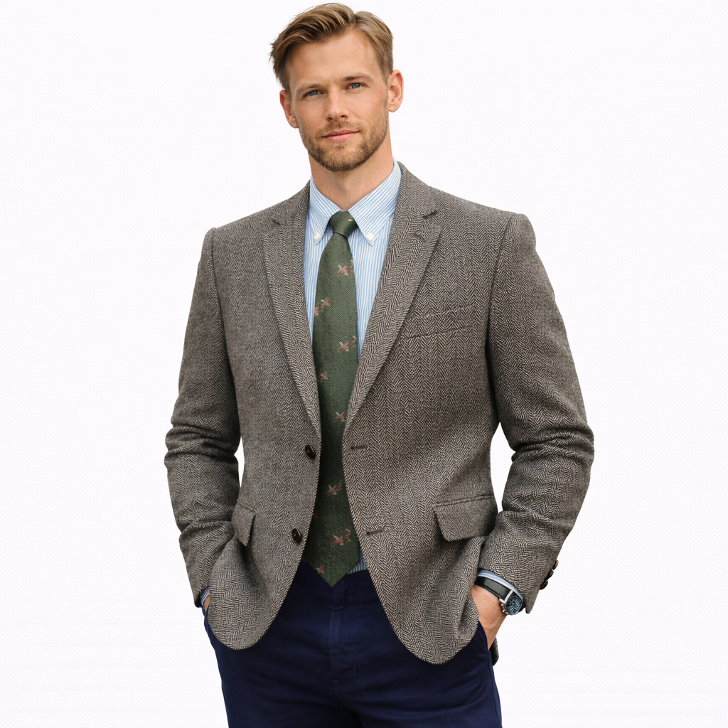 Herreblazer i Fiskebensmønster – Lett Slim Fit Dressjakke | Elegant Enkeltstående Blazer til Bryllup, Fest og Business