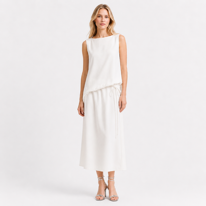Lang Sommerkjole til Dame – Løs Kjole med Knytedetalj og Chiffon – Beige