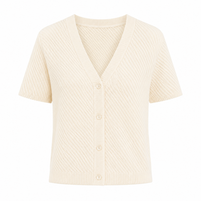 Stripet Strikket Topp til Dame – V-hals med Perleknapper og Elegant Sommerstil