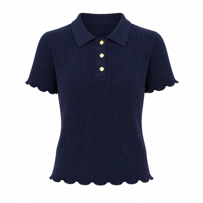 Marineblå Strikket Polo Topp til Dame – Elegant Slim Fit Sommerstil
