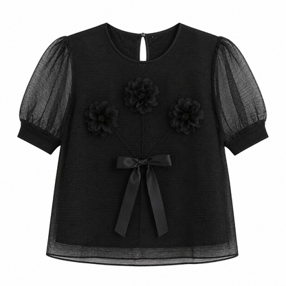 Plissert Topp til Dame med Organza Pufferm – Elegant 3D-Blomster Sommertopp