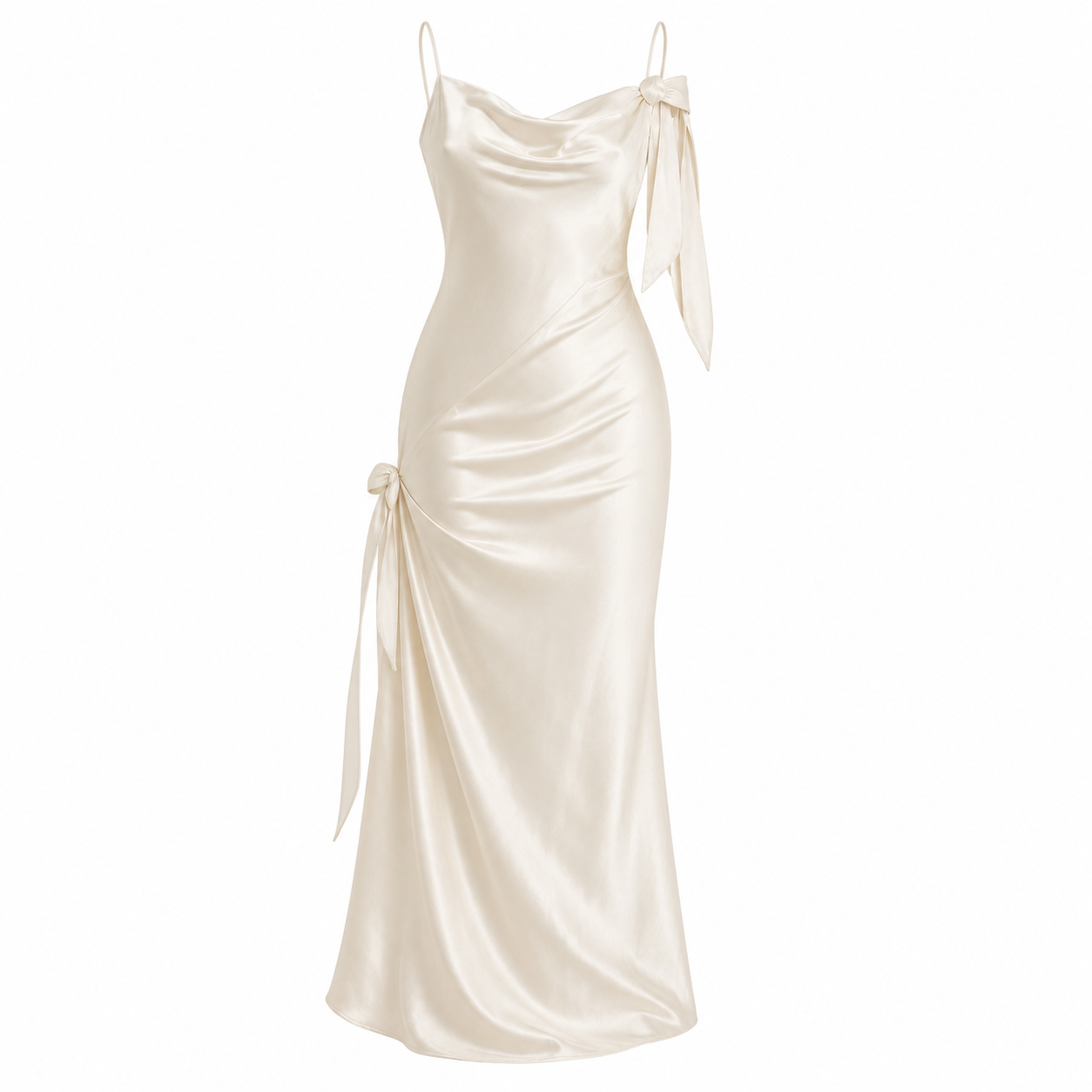 Hvit Maxikjole til Dame – Ryggløs Kjole med 3D-Blomster og Elegant Drapering