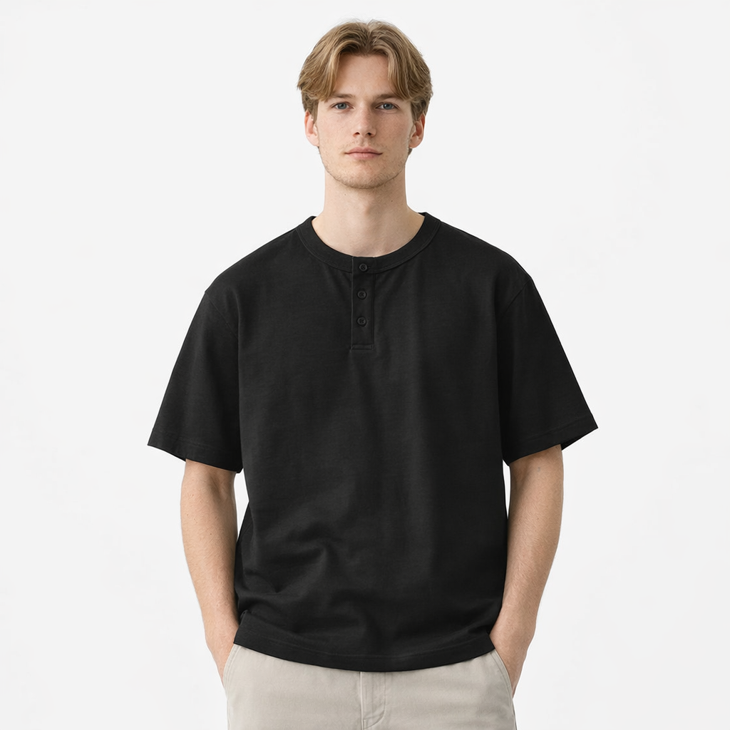 Tykk Henley T-skjorte til Herre – 100% Bomull, Oversized Passform (320g) – Svart