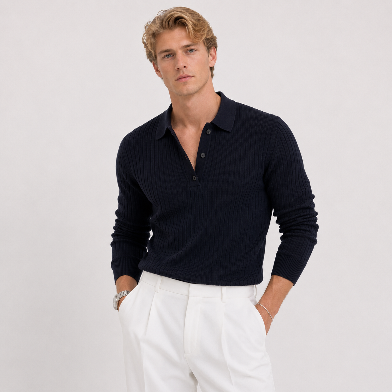 Stripet Polo Genser til Herre – Strikket Langermet Pullover med Slim Fit – Brun