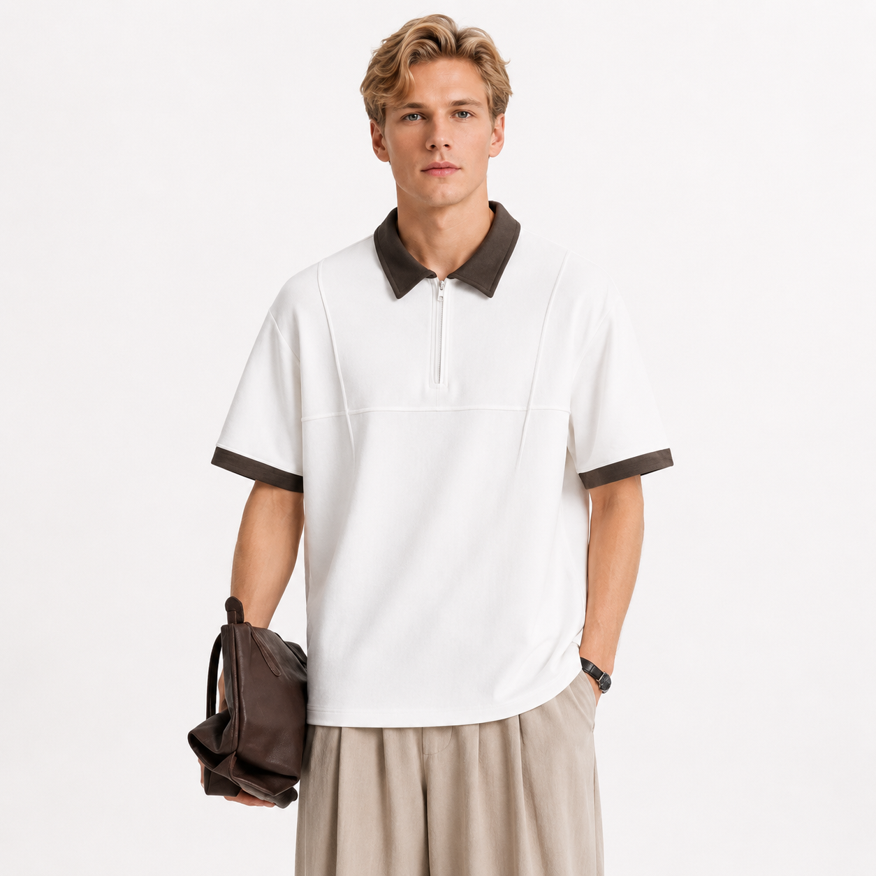 Half-Zip Polo til Herre – Kraftig Modal Polo med Color Block Design – Hvit