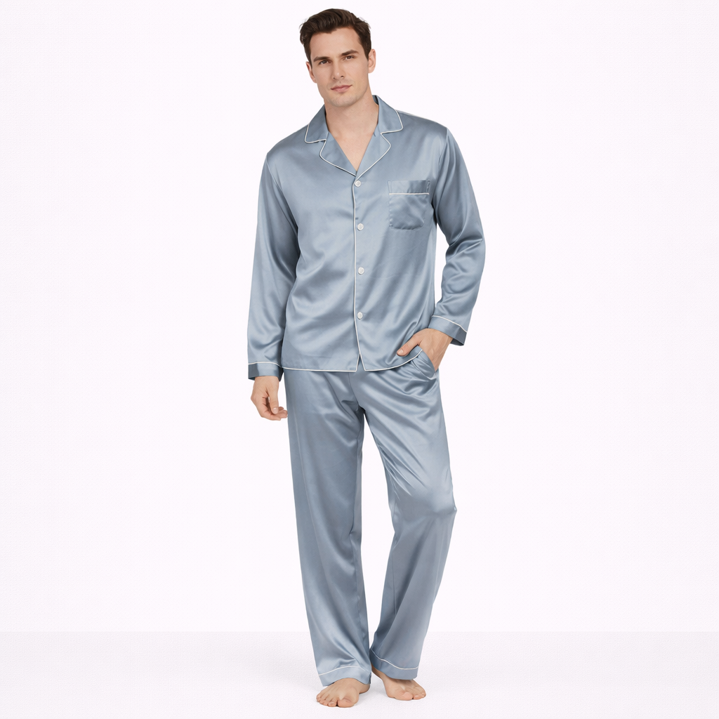 Eksklusivt Silke Pysjsett for Menn – 100 % Ren Morbærsilke 19 Momme | Luksuriøst Loungewear med Langermet Skjorte og Bukse