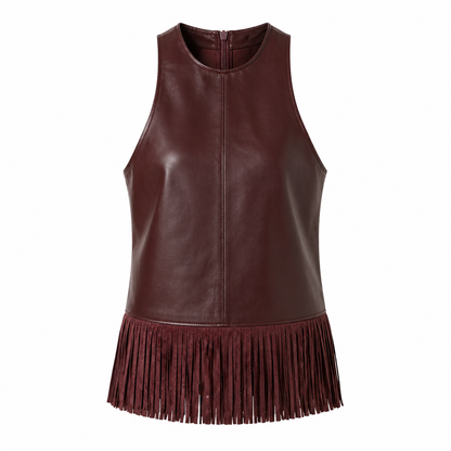 Halter Topp i Faux Skinn – Fringe &amp; Backless Design