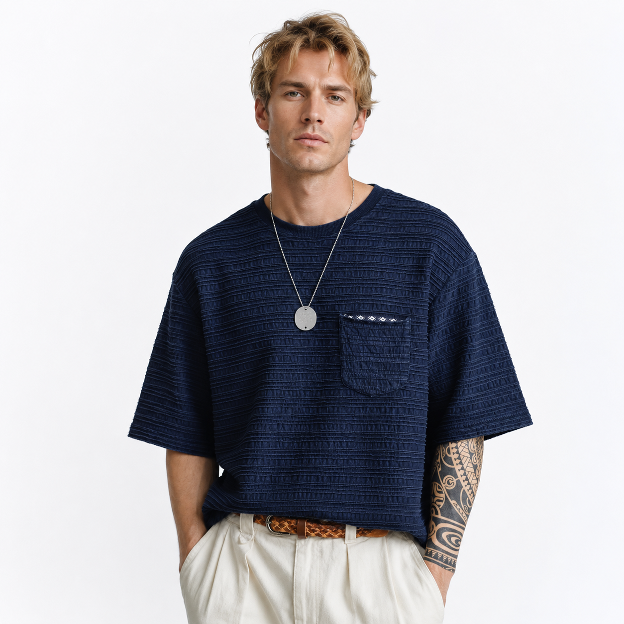 Strikket Jacquard T-skjorte til Herre – Retro Marineblå Sommertopp – Marineblå
