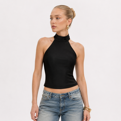 Elegant Halterneck Crop Top til Dame | Ryggløs Topp med Ståkrage – Svart