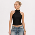 Elegant Halterneck Crop Top til Dame | Ryggløs Topp med Ståkrage – Svart