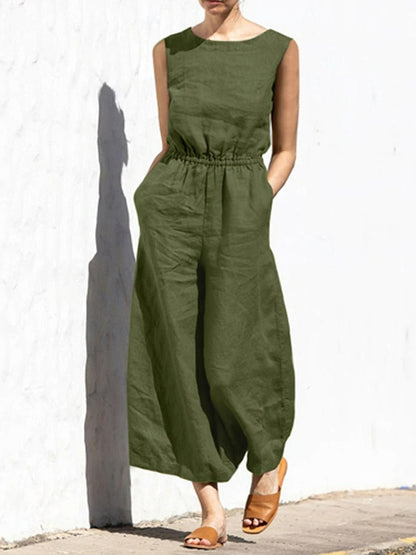 Jumpsuit i lin med rund hals