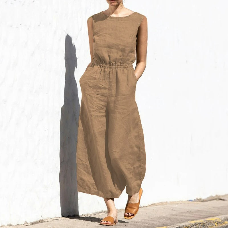 Jumpsuit i lin med rund hals