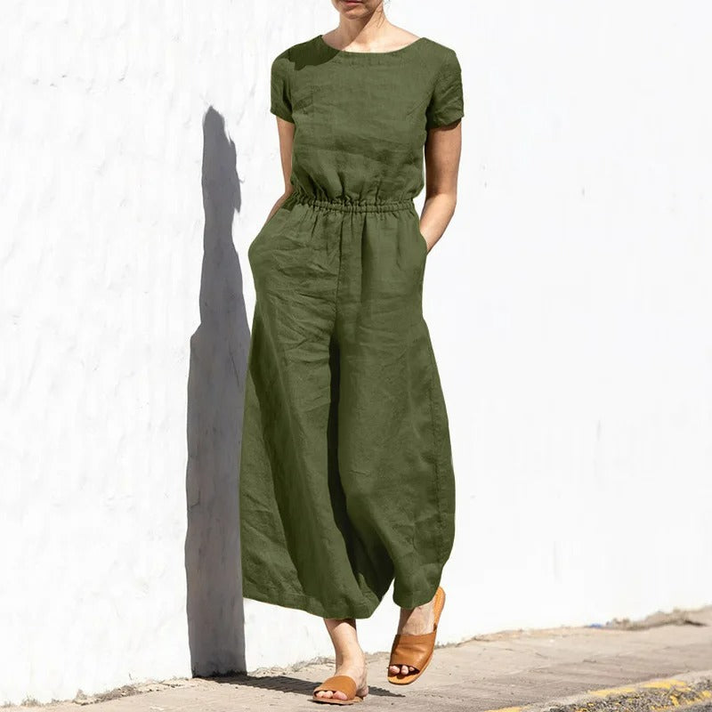 Jumpsuit i lin med rund hals