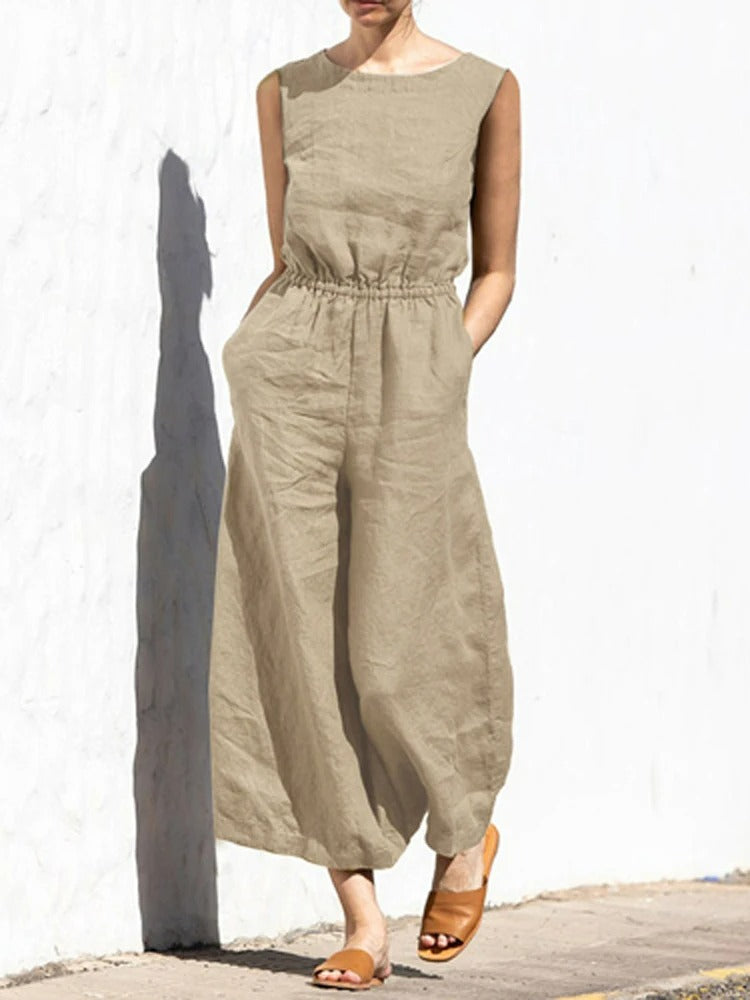 Jumpsuit i lin med rund hals