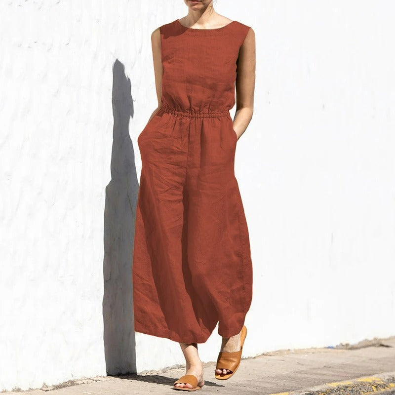 Jumpsuit i lin med rund hals
