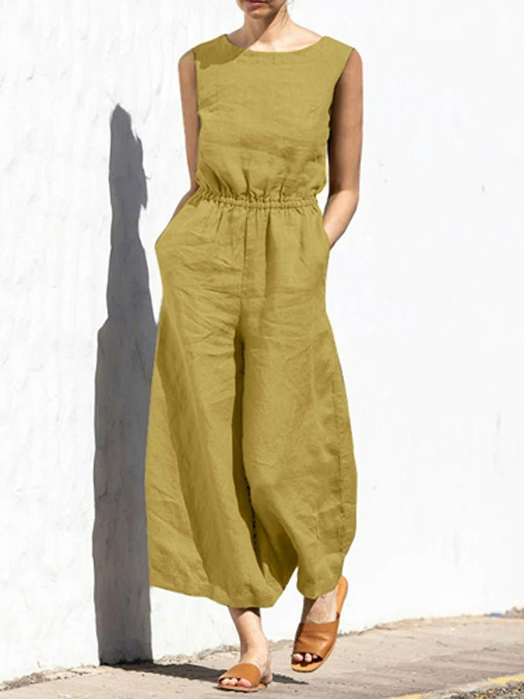 Jumpsuit i lin med rund hals