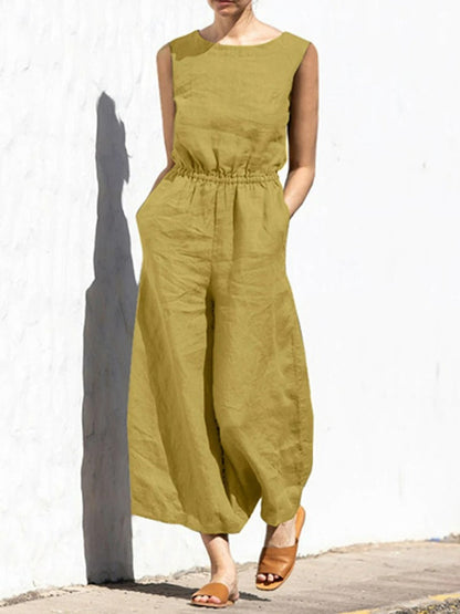 Jumpsuit i lin med rund hals