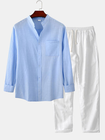 Long Sleeved Linen Look Stand Collar Shirt &amp; Straight Leg Linen Pants