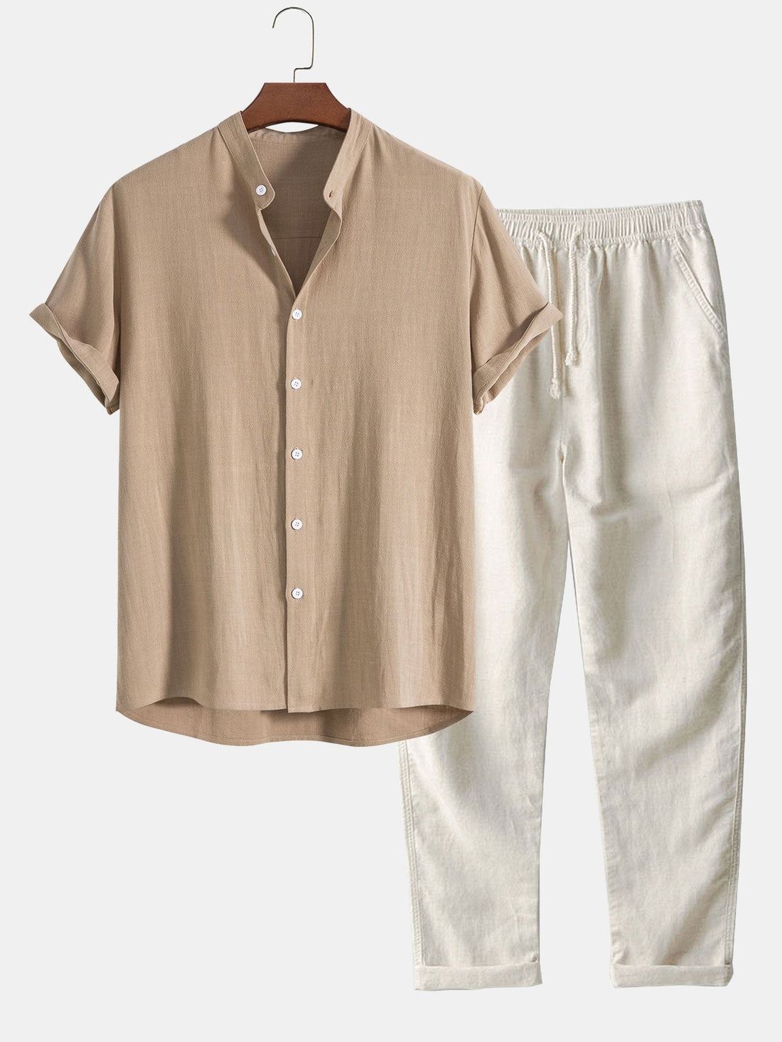 Linen And Rayon Blend Stand Collar Shirt &amp; Straight Leg Linen Pants