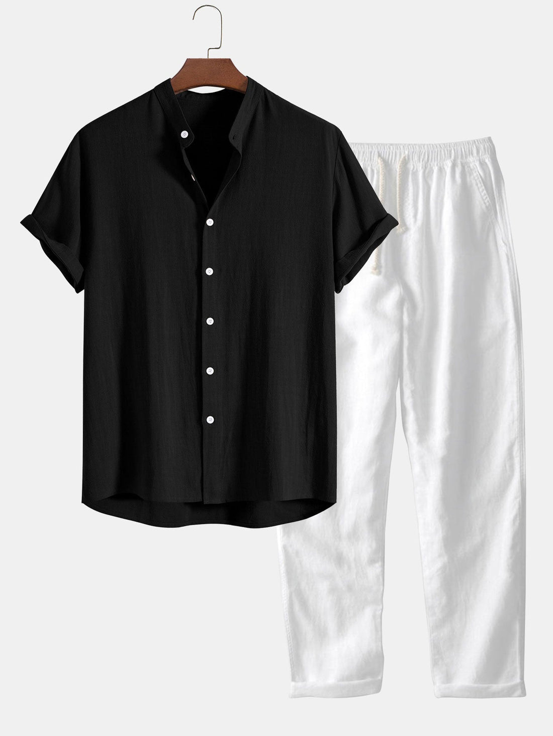 Linen And Rayon Blend Stand Collar Shirt &amp; Straight Leg Linen Pants